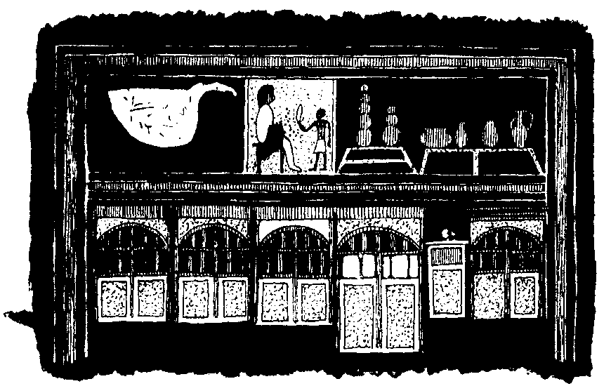 Fig 10.--Wall-painting in a Twelfth Dynasty house. Below is a view of the outside, and above a view of the inside of a dwelling. Reproduced from Plate XVI. of Illahûn, Kahun, and Gurob, W.M.F. Petrie. 