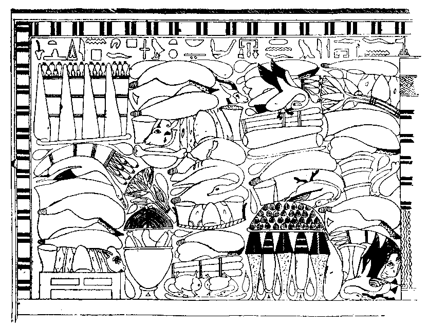 Fig 135.--Wall painting of funerary offerings, from mastaba of Nenka, Sakkarah, Sixth Dynasty.