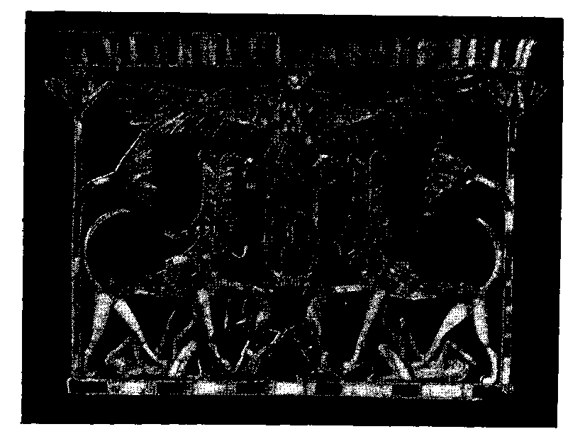 Fig 297.--Gold <i>cloisonné</i> pectoral bearing cartouche of Ûsertesen III. From Dahshûr, found 1894, and now in the Gizeh Museum. 