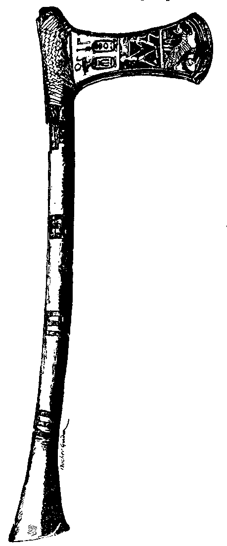 Fig 306.--Funerary battle-axe of Queen Aahhotep, bearing cartouche of King Ahmes I. 