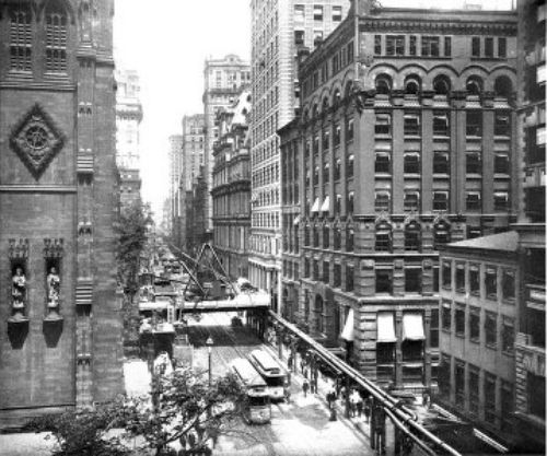 LOOKING UP BROADWAY FROM TRINITY CHURCH—SHOWING WORKING PLATFORM AND GAS MAINS TEMPORARILY SUPPORTED OVERHEAD
