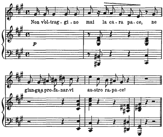 Non v'oltraggino mai la cara pace, ne giunga a profanarvi austro rapace! Non v'oltraggino mai la cara pace, ne giunga a profanarvi austro rapace!
