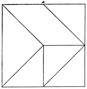 Fig. 397.—Six-piece Square Puzzle. (For     Guidance in Setting Out, the Centre of     Top Line is marked at A.)