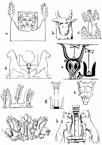 Fig. 26. (a) An Egyptian picture of Hathor between the mountains of the horizon (on which trees are growing) (after Budge, "Gods of the Egyptians," Vol. II, p. 101). [This is a part only of a scene in which the goddess Nut is giving birth to the sun, whose rays illuminate Hathor on the horizon, as Sothis, the "Opener of the Way" for the sun. (b) The mountains of the horizon supporting a cow's head as a surrogate of Hathor, from a stele found at Teima in Northern Arabia, now in the Louvre (after Sir Arthur Evans, op. cit., p. 39). This indicates the identity of what Evans calls "the horns of consecration" and the "mountains of the horizon," and also suggests how confusion may have arisen between the mountains and the cow's horns. (c) The Mesopotamian sun-god Shamash rising between the Eastern Mountains, the Gates of Dawn (Ward, op. cit., p. 373). (d) The familiar Egyptian representation of the sun rising between the Eastern Mountains (the splitting of the mountain giving birth to "the ridiculous mouse"—Smintheus). The ankh (life-sign) below the sun is the determinative of the act of giving birth or life. The design is heraldically supported by the Great Mother's lionesses. (e) Part of the design from a Mycenæan vase from Old Salamis (after Evans, p. 9). The cow's head and the Eastern Mountains are shown alongside one another, each of them supporting the Double Axe representing the god. (f) Part of the design from a lentoid gem from the Idæan Cave, now in the Candia Museum (after Evans, Fig. 25). If this design be compared with the Egyptian picture (a), it will be seen that Hathor's place is taken by the tree-form of the Great Mother, and the trees which in the former (a) are growing upon the Eastern Mountains are now placed alongside the "horns". In the complete design (vide Evans, op. cit., p. 44) a votary is represented blowing a conch-shell trumpet to animate the deity in the sacred tree. (g) The Eastern Mountains supporting the pillar-form of the goddess (after Evans, Fig. 66). (h) Another Mycenæan design comparable with (e). (i) Design from a signet-ring from Mycenæ (after Evans, Fig. 34). If this be compared with the Egyptian picture (a) it will be noted that the Great Mother is now replaced by a tree: the Eastern Mountains by bulls, from whose backs the trees of the Eastern Mountains are sprouting. This design affords interesting corroboration of the suggestion that the Eastern Mountains may be confused with the cow's head (see b and c) or with the cow itself. Newberry (Annals of Archæology and Anthropology, Liverpool, Vol. I, p. 28) has called attention to the intimate association (in Protodynastic Egypt) of the Eastern Mountains, the Bull and the Double Axe—a certain token of cultural contact with Crete. (k) The famous sculpture above the Lion Gate at Mycenæ. The pillar form of the Great Mother heraldically supported by her lioness-avatars, which correspond to the cattle of the design (i) and the Eastern Mountains of (a). The use of this design above the lintel of the gate brings it into homology with the Winged Disk. The Pillar represents the Goddess, as the Disk represents her Egyptian locum tenens, Horus; her destructive representatives (the lionesses) correspond to the two uræi of the Winged Disk design.