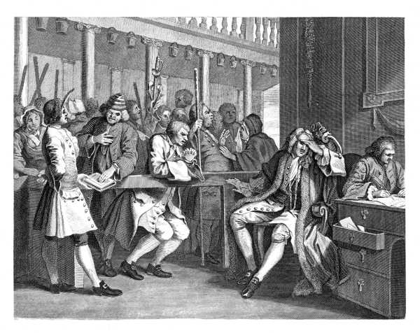 INDUSTRY AND IDLENESS.  PLATE 10.  THE INDUSTRIOUS 'PRENTICE ALDERMAN OF LONDON. THE IDLE ONE IMPEACHED BEFORE HIM BY HIS ACCOMPLICE.