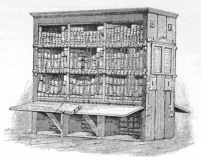 bookcase with drop-down table--books attached to the shelves by chains