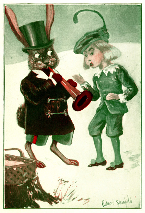 Uncle Wiggily blows on a horn. A boy watches.