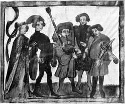 Klik voor vergroting (780×646px, 90kb) Bruidsstoet.—Foto (verkleind) naar een miniatuur in „Der Renner”, van Hugo von Trimberg (14e eeuw)—Ms. L. Bibliotheek.