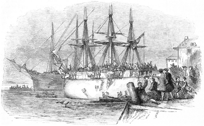 CASTING TEA OVERBOARD IN BOSTON HARBOR.