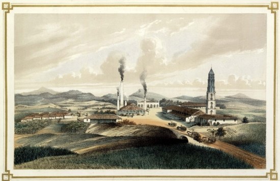 Dibujado y litogrdo por Edo LAPLANTE  publicado por L. Marquier y Laplante Obra-pia nº 121-1/2 Habana  Litografía del L. MARQUIER.  INGENIO MANACA  Propiedad de la Sra. Dª. Jª. HERNANDEZ DE IZNAGA.