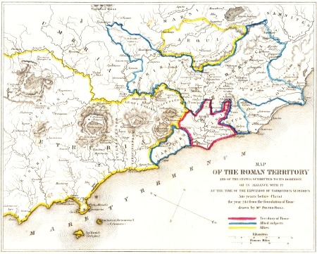 I MAP OF THE ROMAN TERRITORY AND OF THE STATES SUBMITTED TO ITS DOMINION OR IN ALLIANCE WITH IT AT THE TIME OF THE EXPULSION OF TARQUINUS SUPERBUS 510 years before Christ the year 244 from the foundation of Rome drawn by M^R. Pietro Rosa.