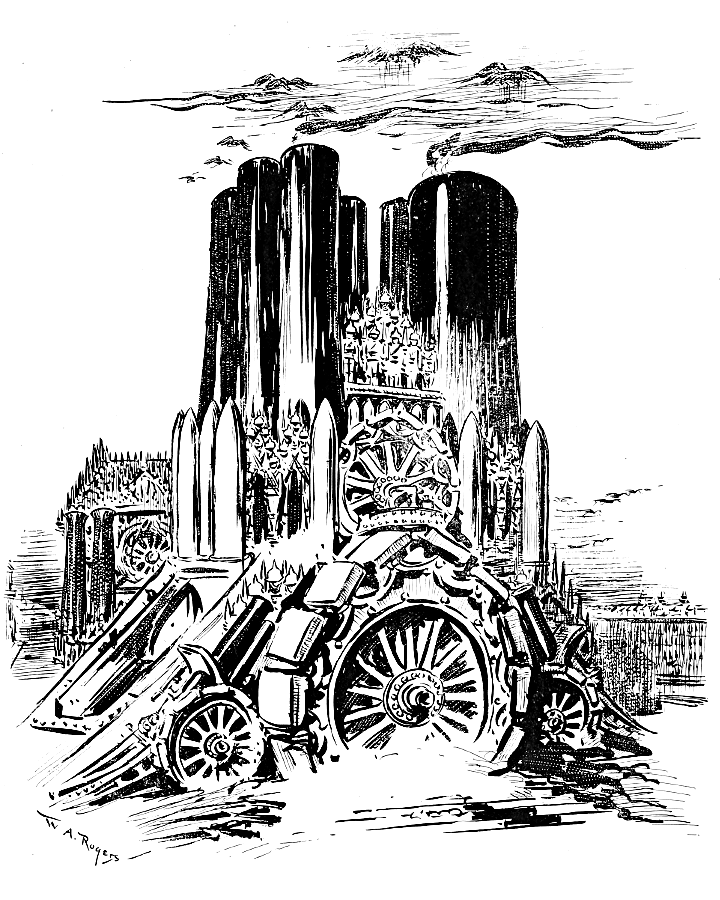 German arms arranged to resemble a Gothic cathedral