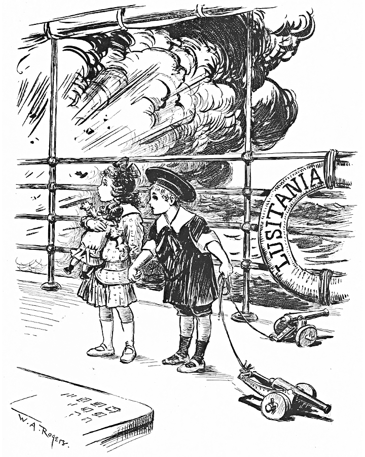 Small children on the deck of the Lusitania; one with             a cannon pull toy.