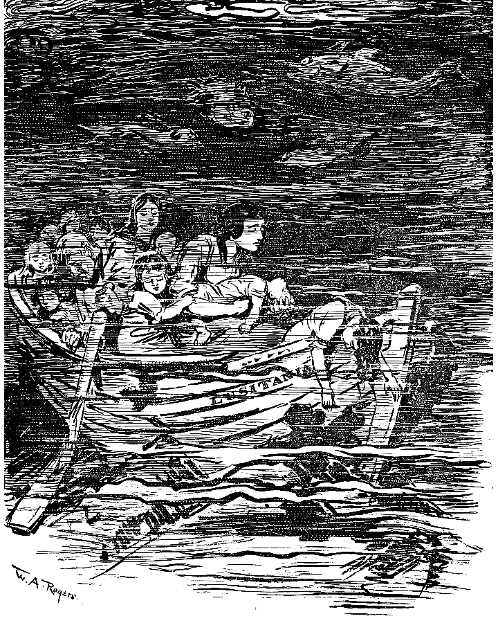 Sunken lifeboat filled with women and children.