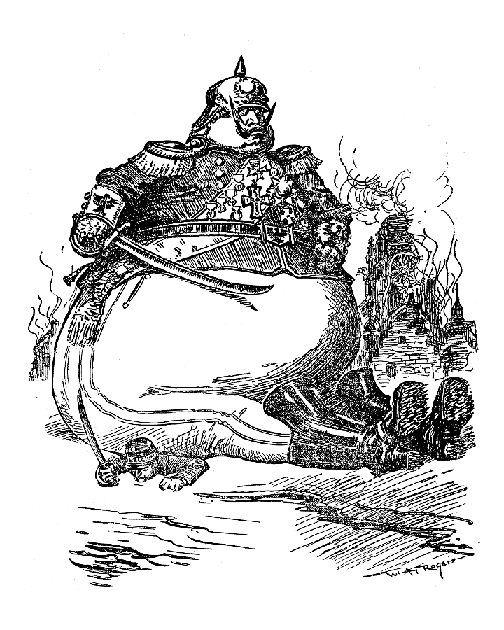 Bloated German soldier sitting on a tiny Belgian.