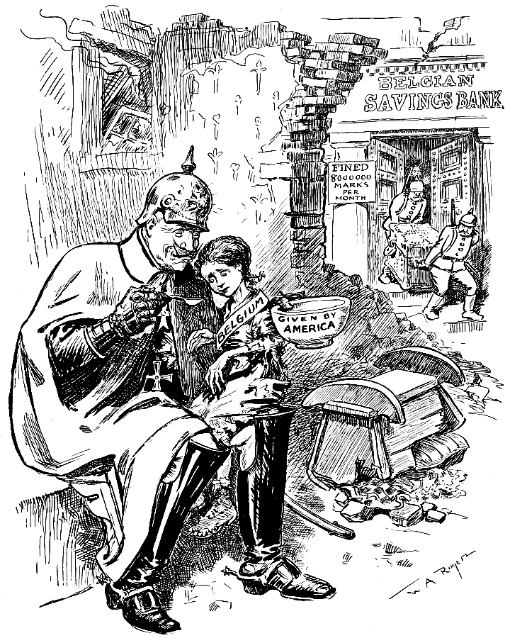 German soldier feeding a Belgian child American food;             while his comrades loot a Belgian bank.