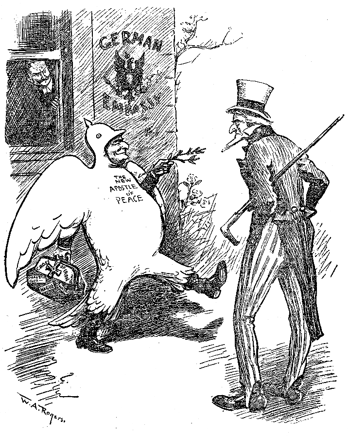 William Jennings Bryan, dressed like a dove, 'goose-stepping'              in front of the German Embassy
