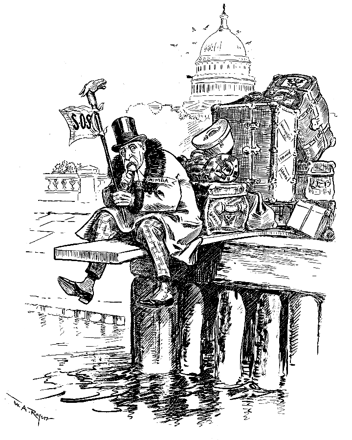 Mr. Dumba sitting on the pier with his luggage.