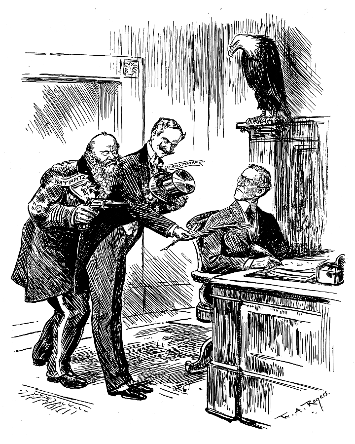 Count Von Bernstorff handing an olive branch to President              Wilson, Admiral Von Tirpitz holds a revolver.