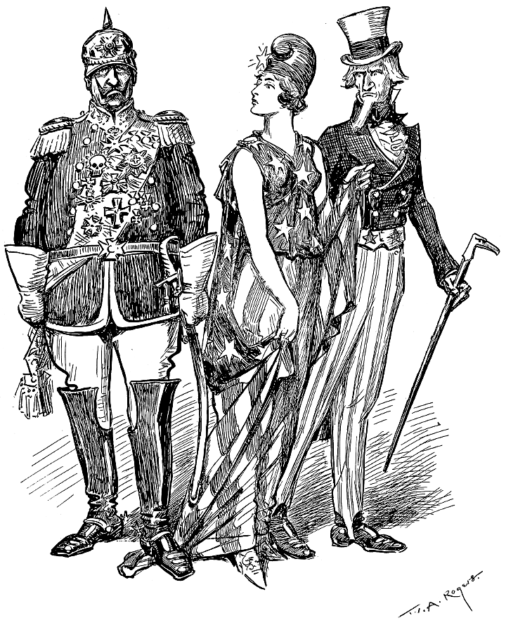 The Kaiser, ‘Liberty’ and Uncle Sam; the              Kaiser stepping on Liberty's dress.