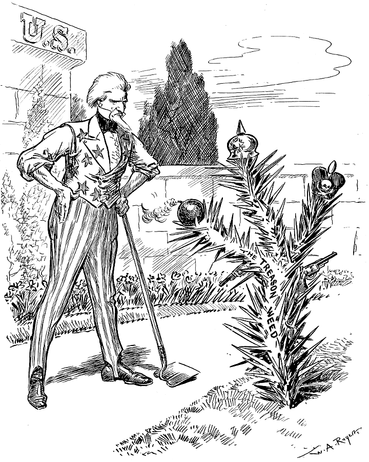 Spiked plant with guns, bomb, pickelhaube (spiked              helmet), and Pelzmütze (cavalry hat); nearby:              Uncle Sam with a hoe.