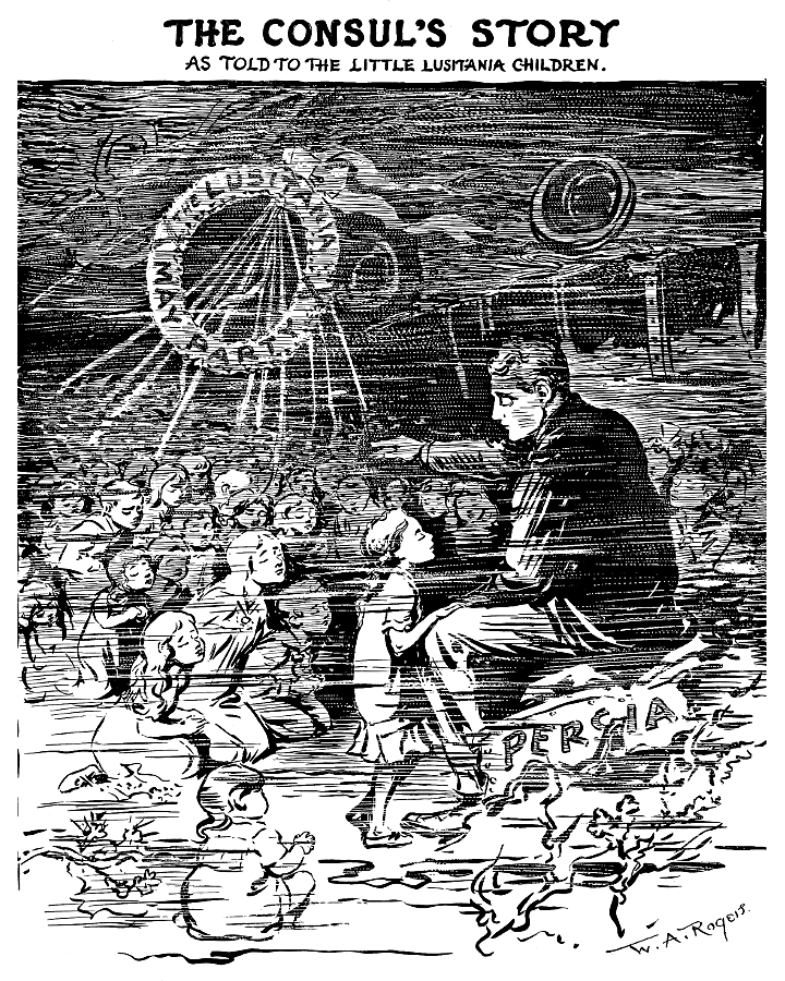 U.S. Consul telling stories to the lost children of              the Lusitania (under water).