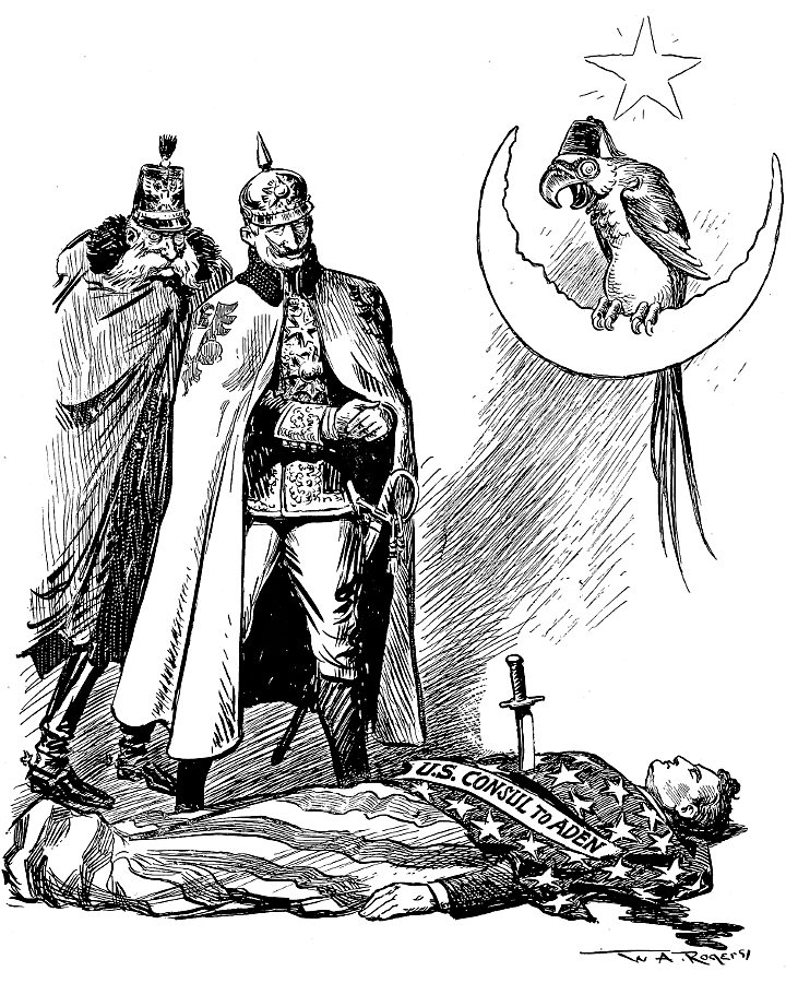 Emperor Franz Joseph, Kaiser Wilhelm, and an Ottoman              parrot viewing the body of the U.S. consul.