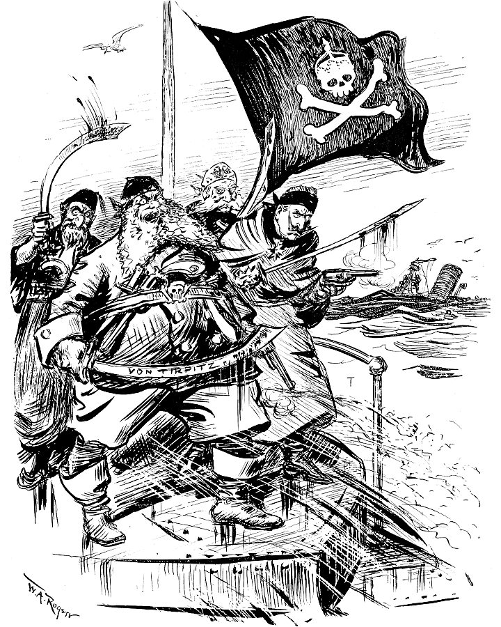 A Turk, Von Tirpitz, Franz Joseph  and Kaiser Wilhelm              II sailing under a pirate flag.