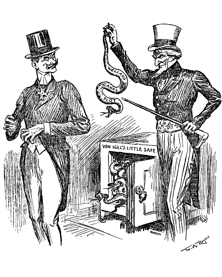 Uncle Sam holding a snake addressing Count Von Bernstorff             with Von Igel's safe beside him.