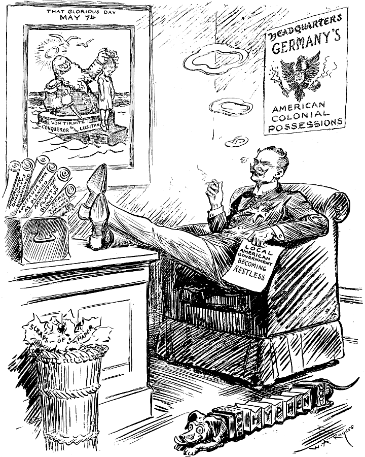 Count Von Bernstorff with his feet on his desk under              a sign reading Headquarters Germany's Colonial Possessions.