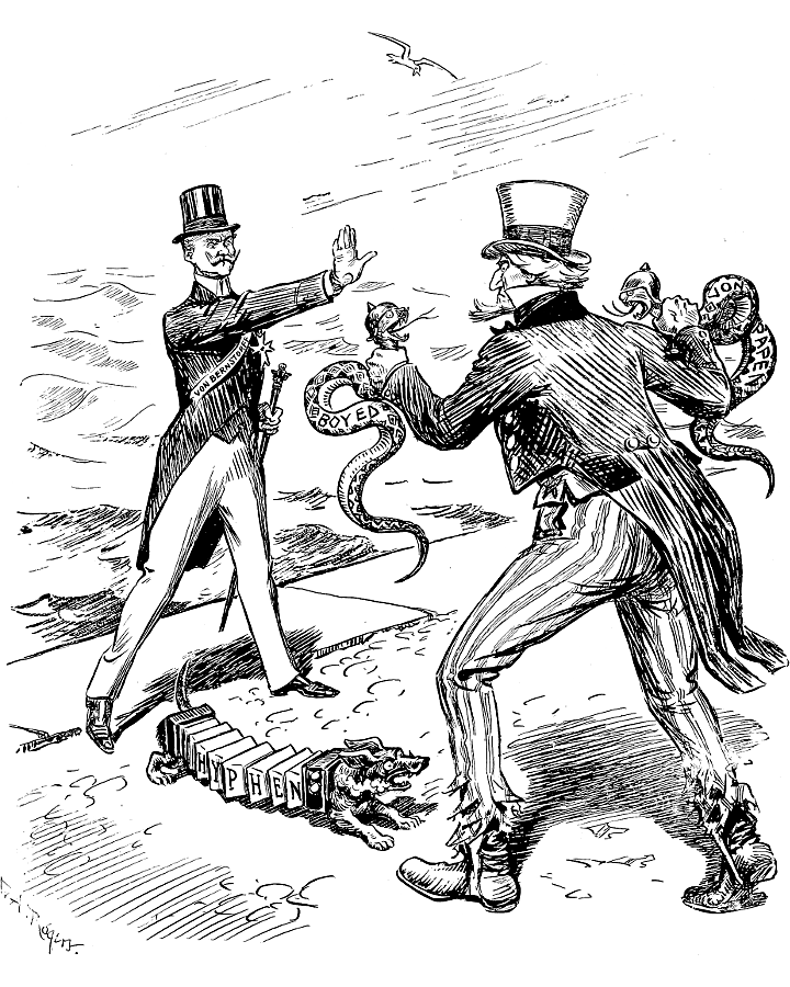 Count Von Bernstorff at the edge of the sea with Uncle              Sam holding two snakes marked: Boy-Ed and Von Papen.