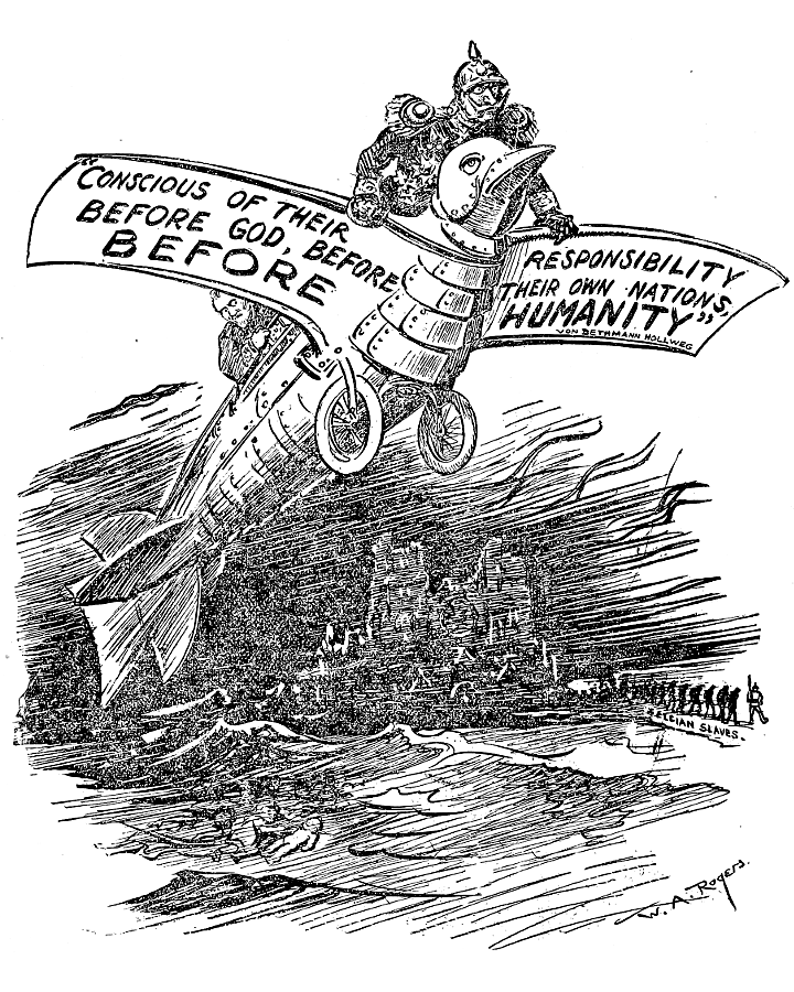 Von Bethmann-Hollweg and the Kaiser in an airplane shaped             like a dove.