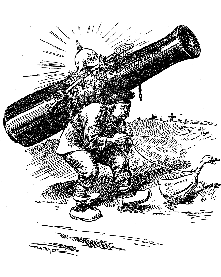 A peasant carrying a cannon on his back and following              a goose on a string.