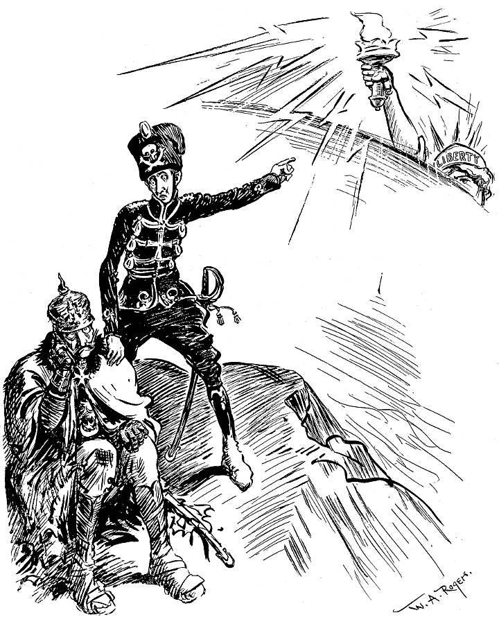 The Kaiser and Crown Prince with Lady Liberty coming              over the horizon.