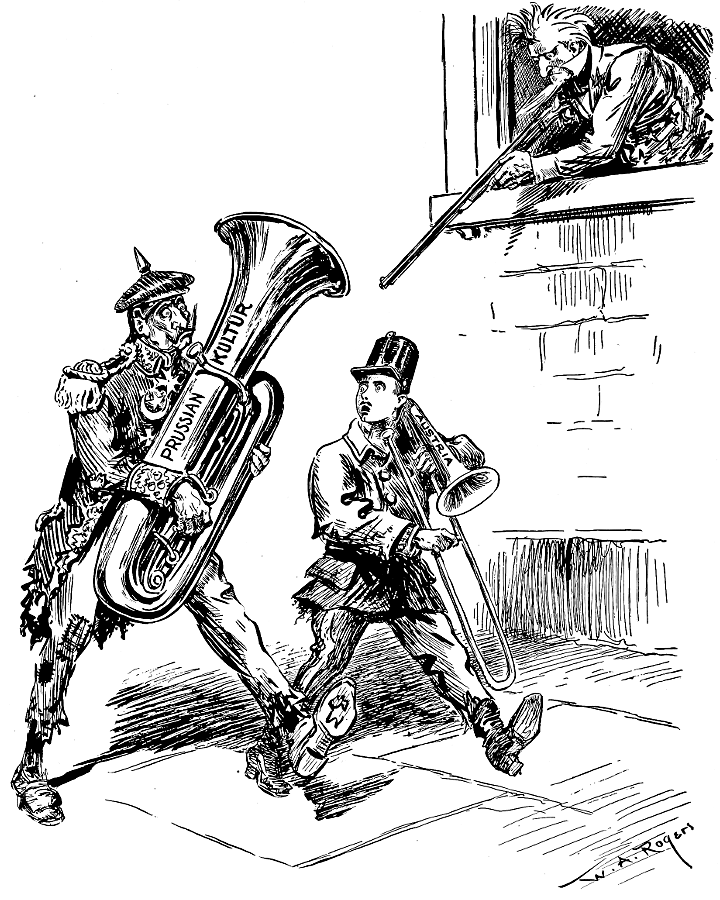 Kaiser Wilhelm playing the tuba, Emperor Charles playing              the trombone, and Uncle Sam pointing a rifle at them.