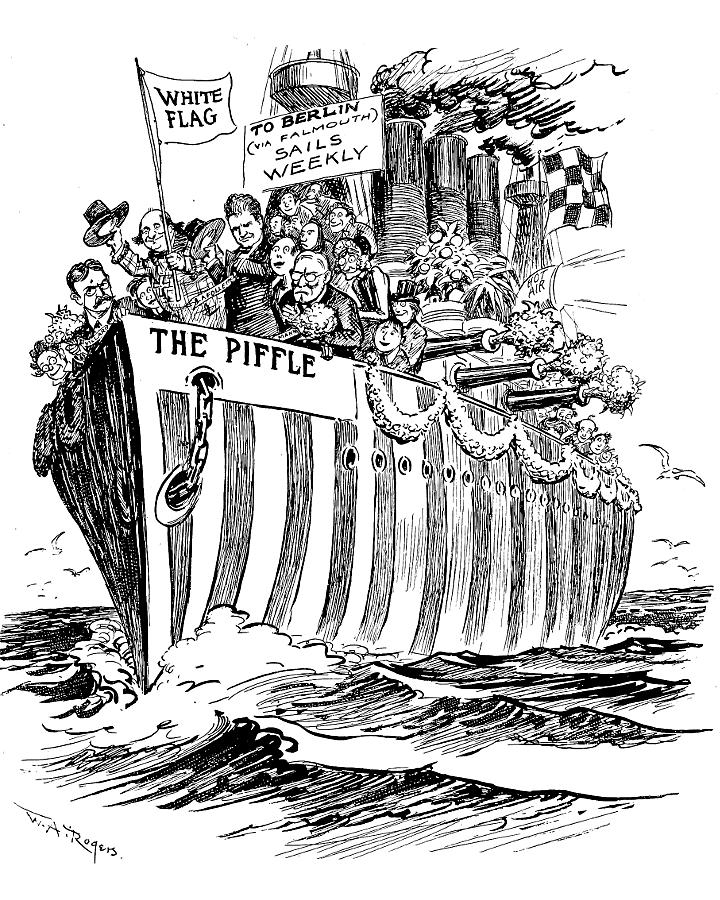Striped ship with pacifists, Oswald Garrison Villard,         William Jennings Bryan, Robert La Follette, and others.