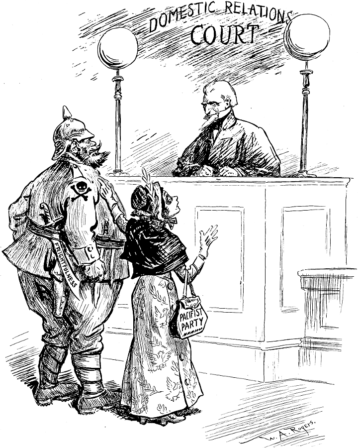 Pacifist Party as a battered wife, with a German soldier              in Domestic Relations Court.