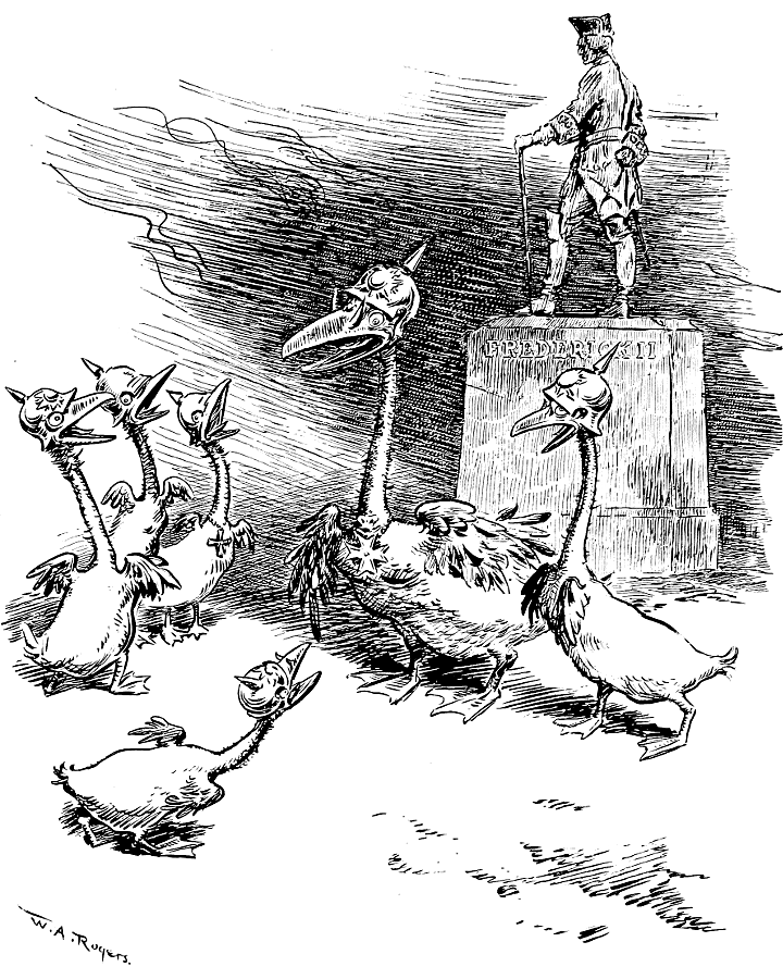 Group of swans wearing pickelhaube at the base of a              statue of Fredrick II.