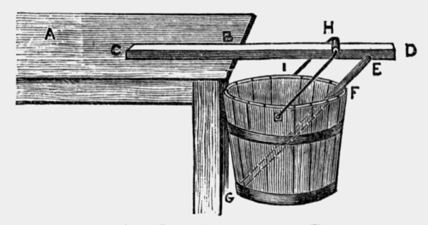 a pail suspended from a stick on a table