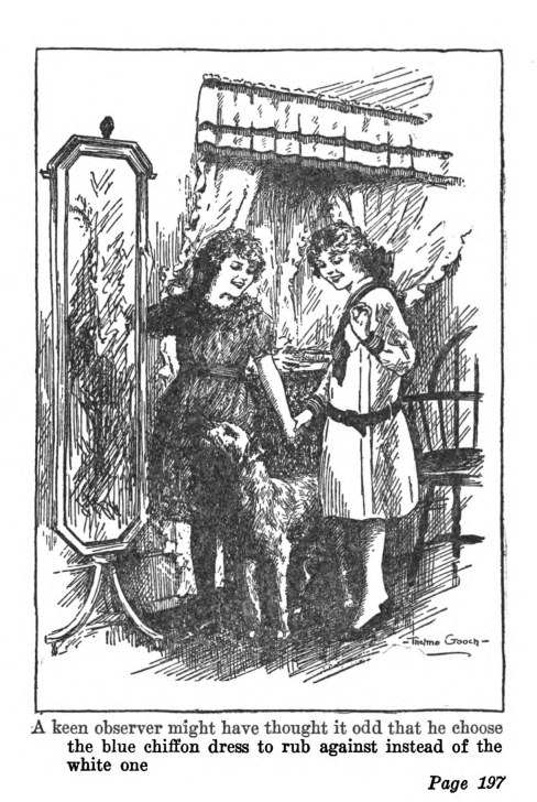 A keen observer might have though it odd that he chose the blue chiffon dress to rub against instead of the white one.