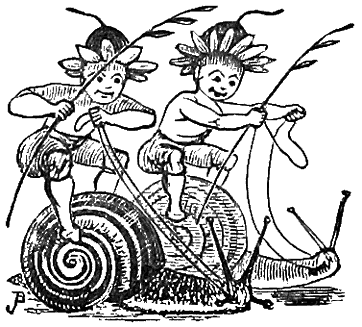 Two piskies riding snails.