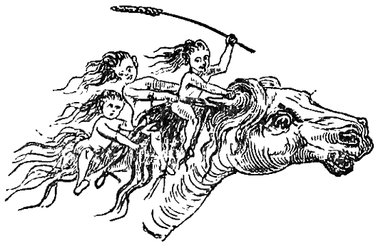 Three piskies riding a horse, hanging on its manes.