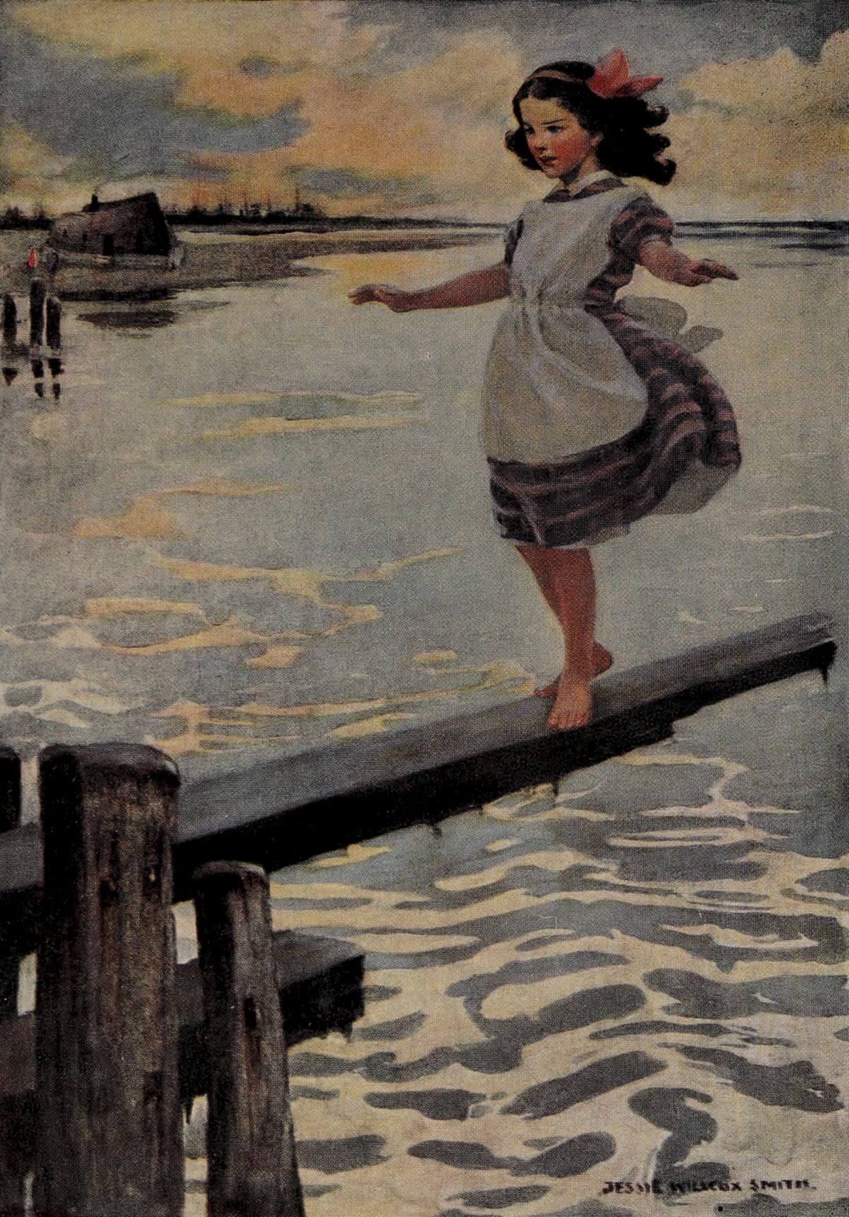 A young girl in a dress and apron walks barefoot along a  narrow beam over shimmering water at sunset, arms outstretched for  balance, with wind gently blowing her hair and a ribbon fluttering  behind her.