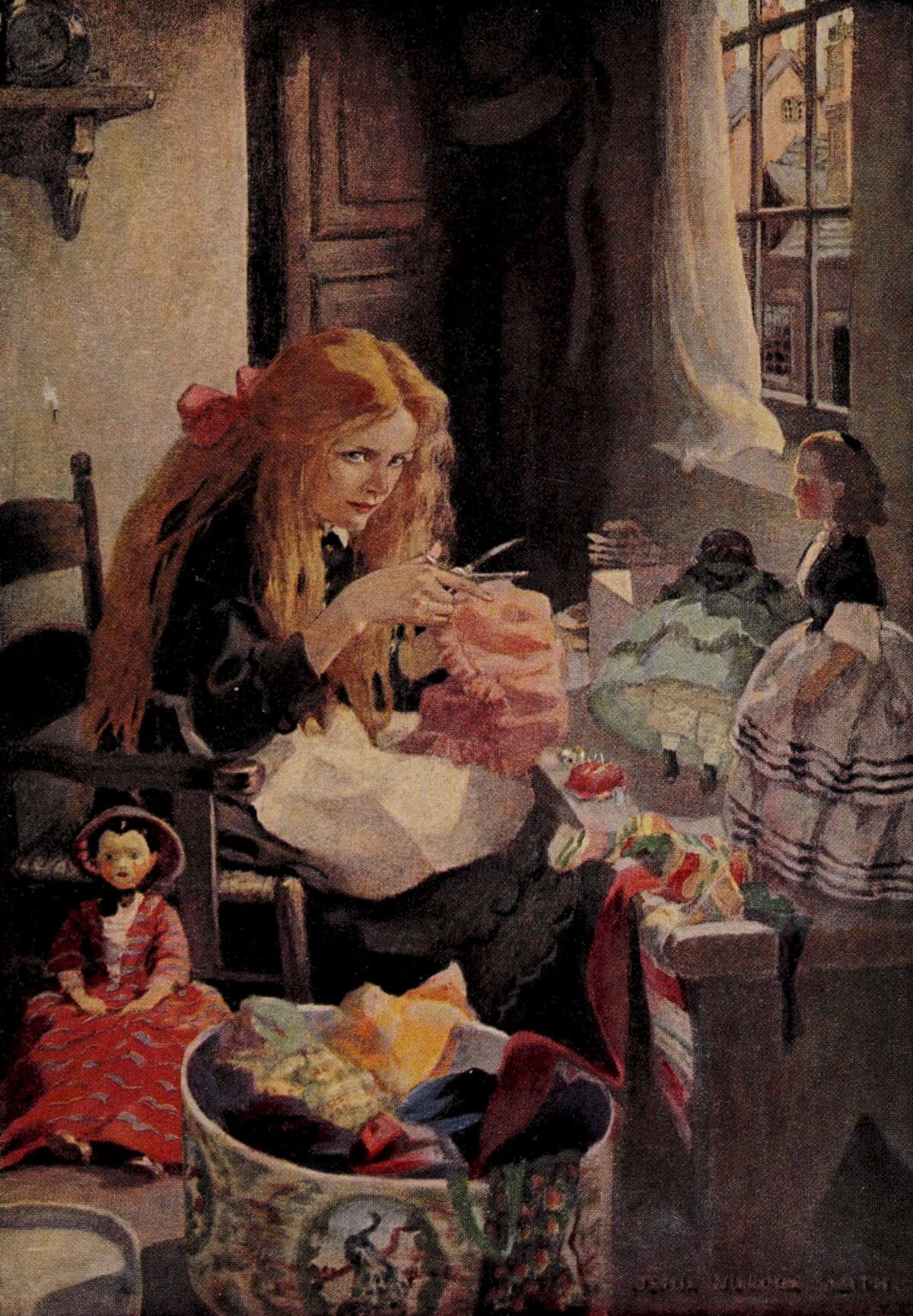 A young girl with long red hair and a large bow sews a pink garment in a cozy room filled with dolls and fabric.