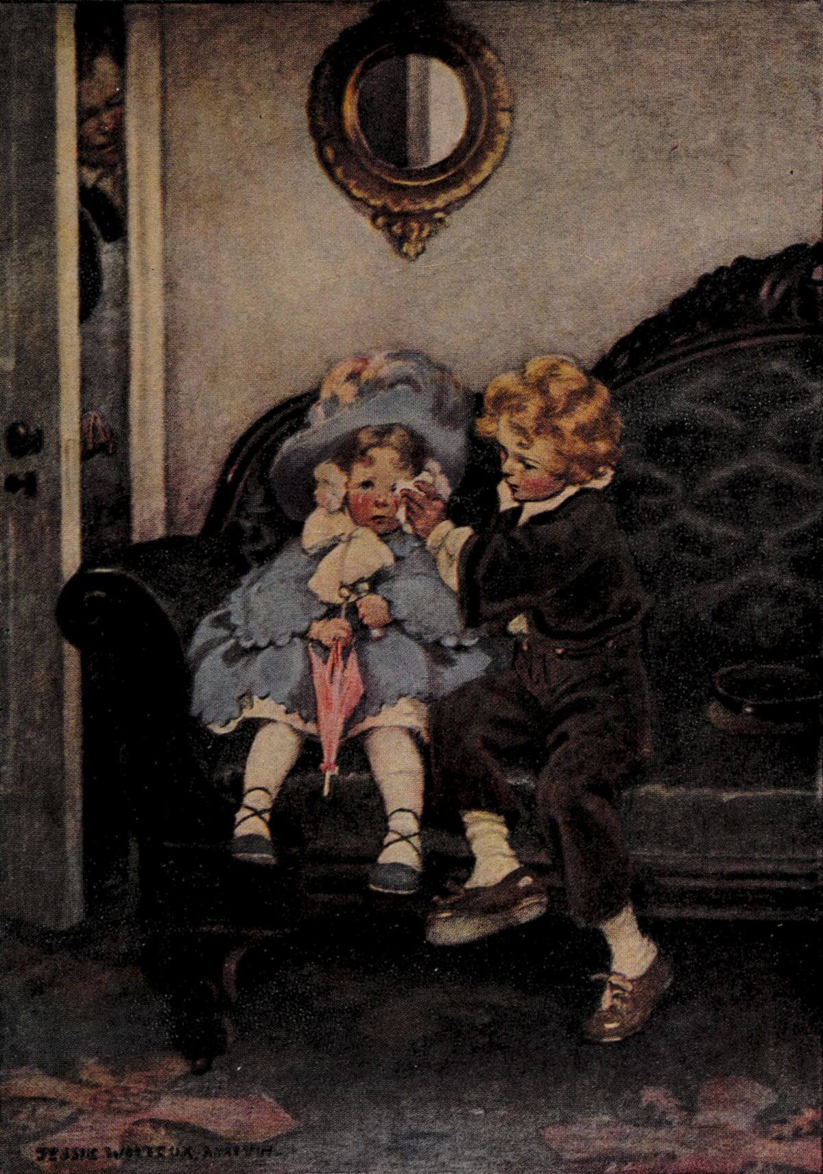 A young boy gently wipes tears from a little girl's cheek as they  sit on a sofa. She holds a pink umbrella and wears a blue dress and hat.