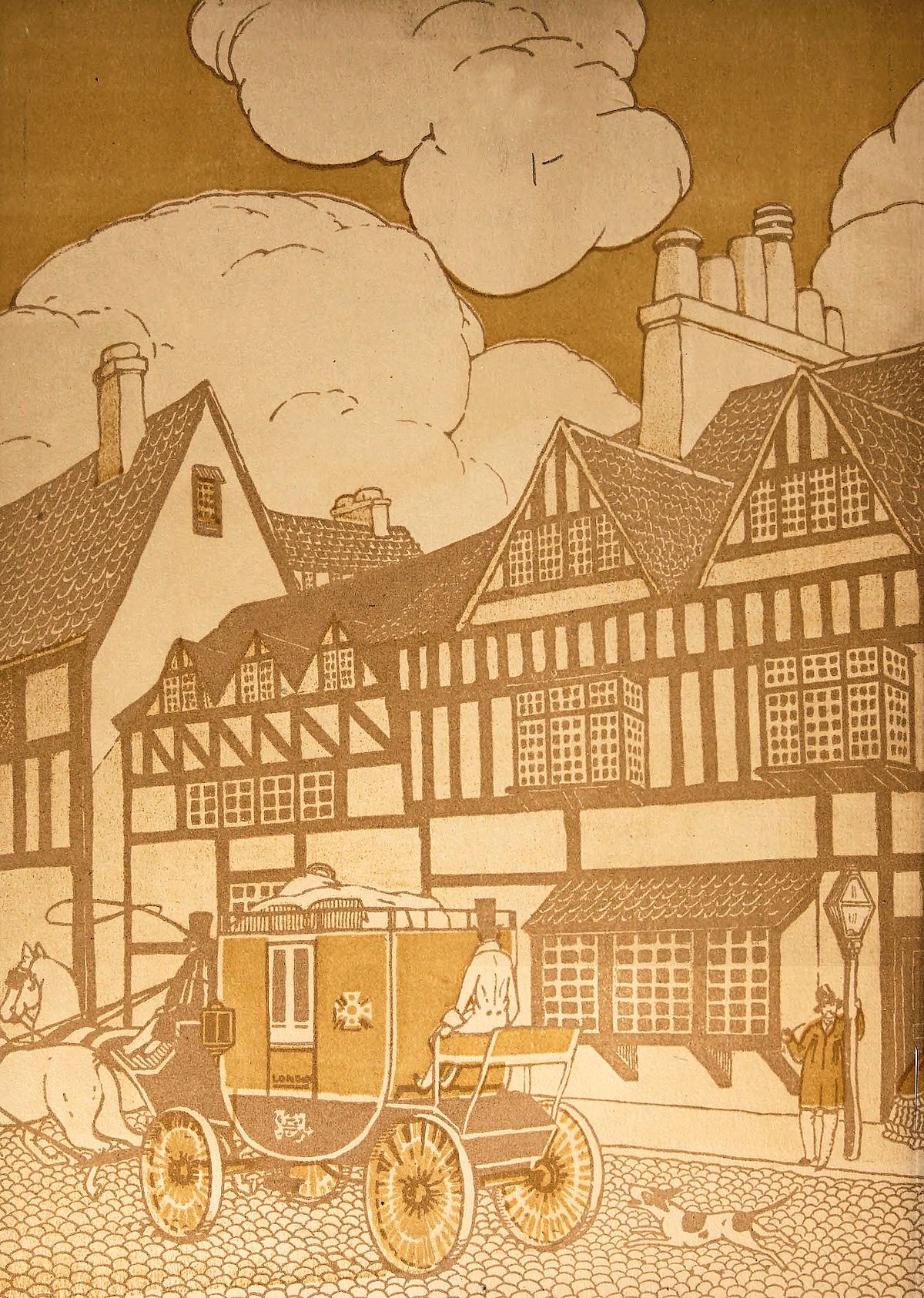 The image depicts a vintage street scene with half-timbered  buildings, a horse-drawn carriage labeled London, and cobblestone  roads.