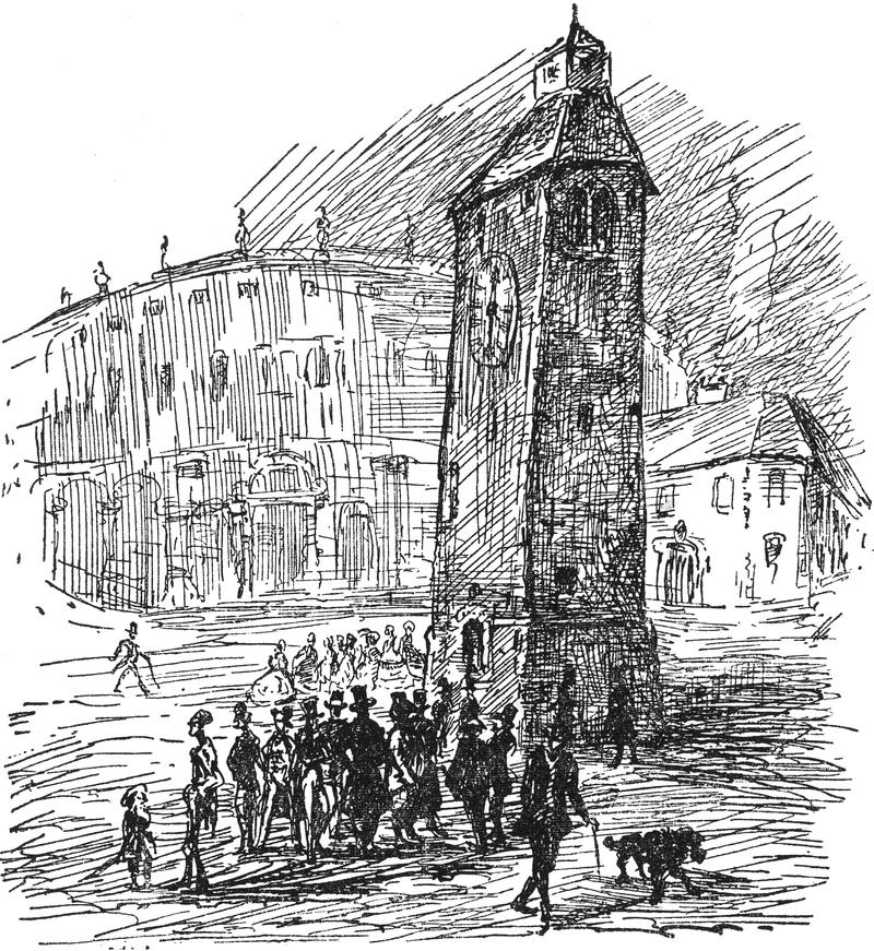 Die Bewohner versammeln sich   um den Uhrturm