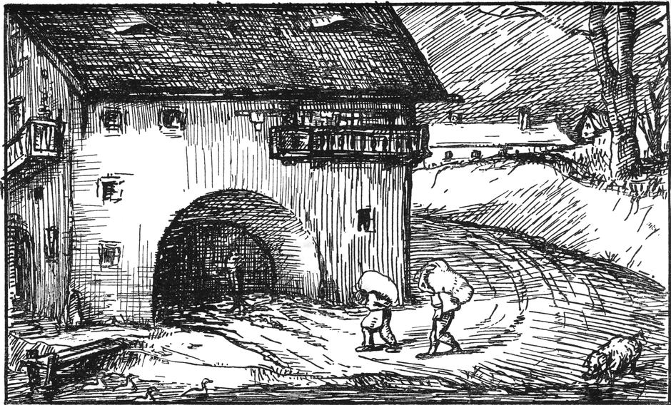 Abladen der Getreidesäcke   bei der Mühle