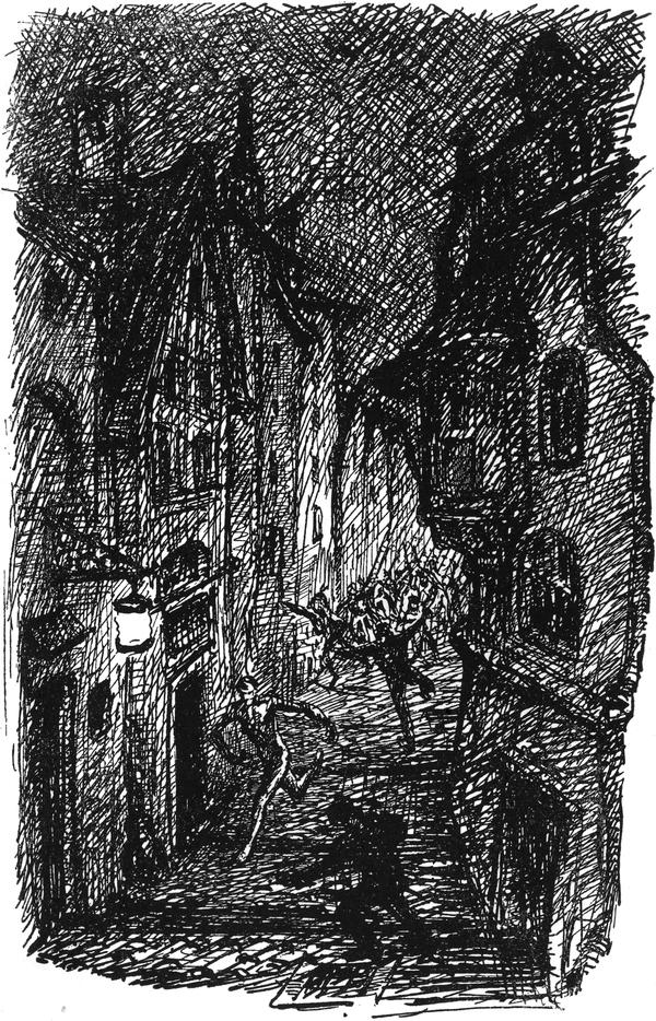 Der Erzähler auf der Flucht   vor seinen Verfolgern in den engen, dunklen Gassen der Stadt