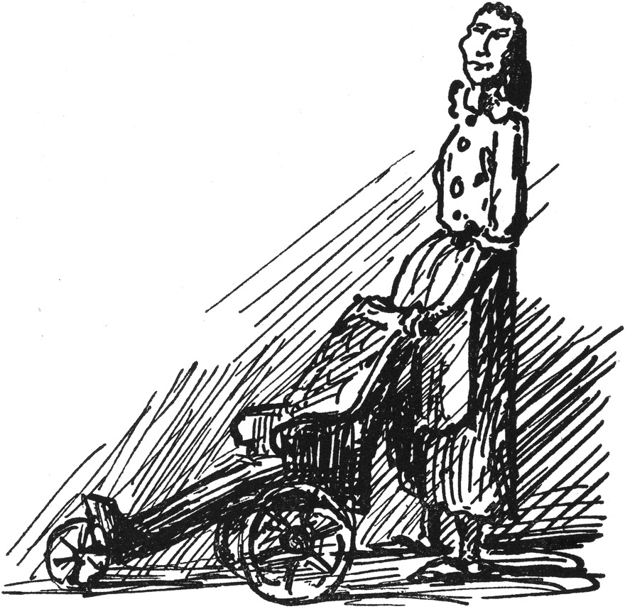 Frau Goldschläger schiebt   den Rollstuhl